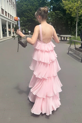 Pleated Pink Sleeveless Backless Tiered Ruffle Maxi Dress