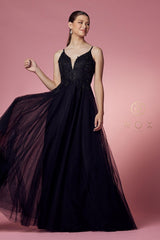 Long Tulle Embroidered Bodice Dress Prom Gown