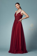 Long Tulle Embroidered Bodice Dress Prom Gown