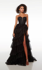 Sleeveless Black Tulle Prom Dress with Slit Gloves V-Neck Long Evening Dress