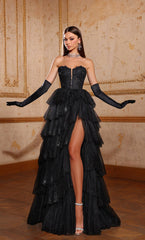 Sleeveless Black Tulle Prom Dress with Slit Gloves V-Neck Long Evening Dress