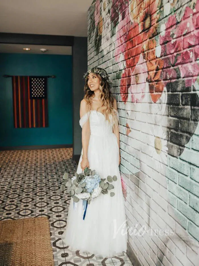 Long Tulle Simple Beach Wedding Dresses Off the Shoulder VW1135
