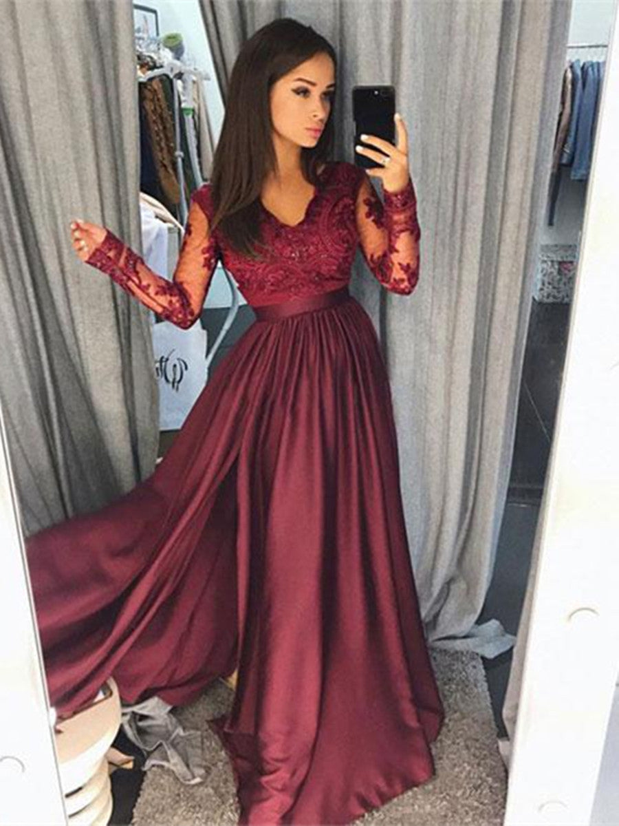 A Line Long Sleeves Burgundy/Pink/Navy Blue Lace Prom Dresses, Long Sleeves Burgundy/Pink/Navy Blue Lace Graduation Dresses