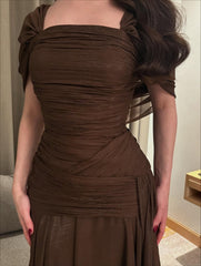 Long Brown Ruched Prom Dress Formal Evening Gown