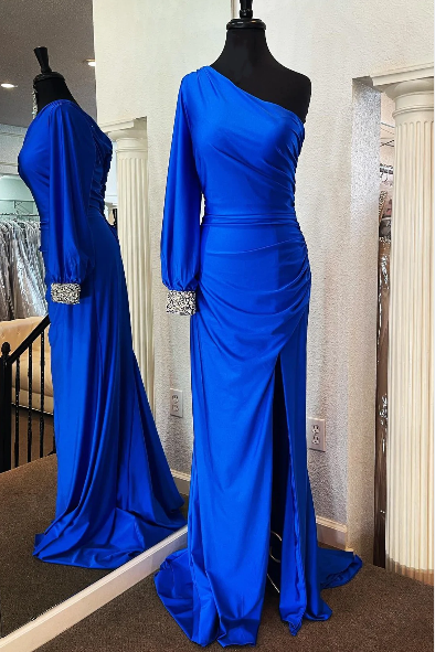 Cheap Mermaid 2024 One Shoulder Prom Dresses Royal Blue  Long Sleeve Party Dress