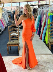 Cheap Mermaid 2024 One Shoulder Prom Dresses Royal Blue  Long Sleeve Party Dress