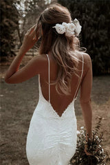 Long Beach Lace Wedding Dresses V Neck Spaghetti Straps Bridal Gowns