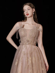 A-Line Champagne Tulle Lace Long Prom Dress, Champagne Long Evening Dress