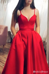 A Line Red Satin Prom Dresses 2024 Spaghetti Straps V Neck Long Evening Gown