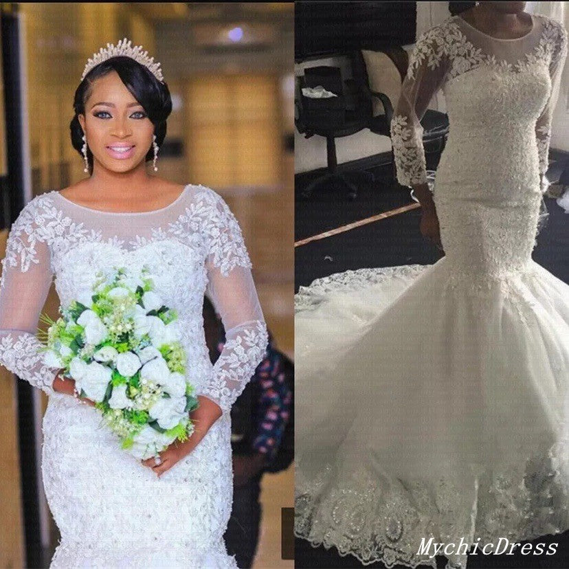 Cheap Long Sleeves Lace Wedding Dresses Mermaid African Bridal Wear