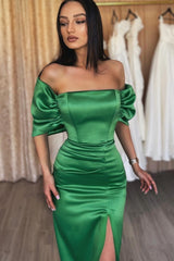 Look Stunning in this Emerald Off-the-Shoulder Long Evening Dress With Split
