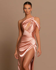 Lotus Root Pink Sleeveless Strapless Evening Dress Satin with Elegant Pleated Slit