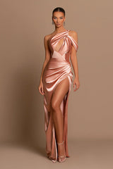 Lotus Root Pink Sleeveless Strapless Evening Dress Satin with Elegant Pleated Slit