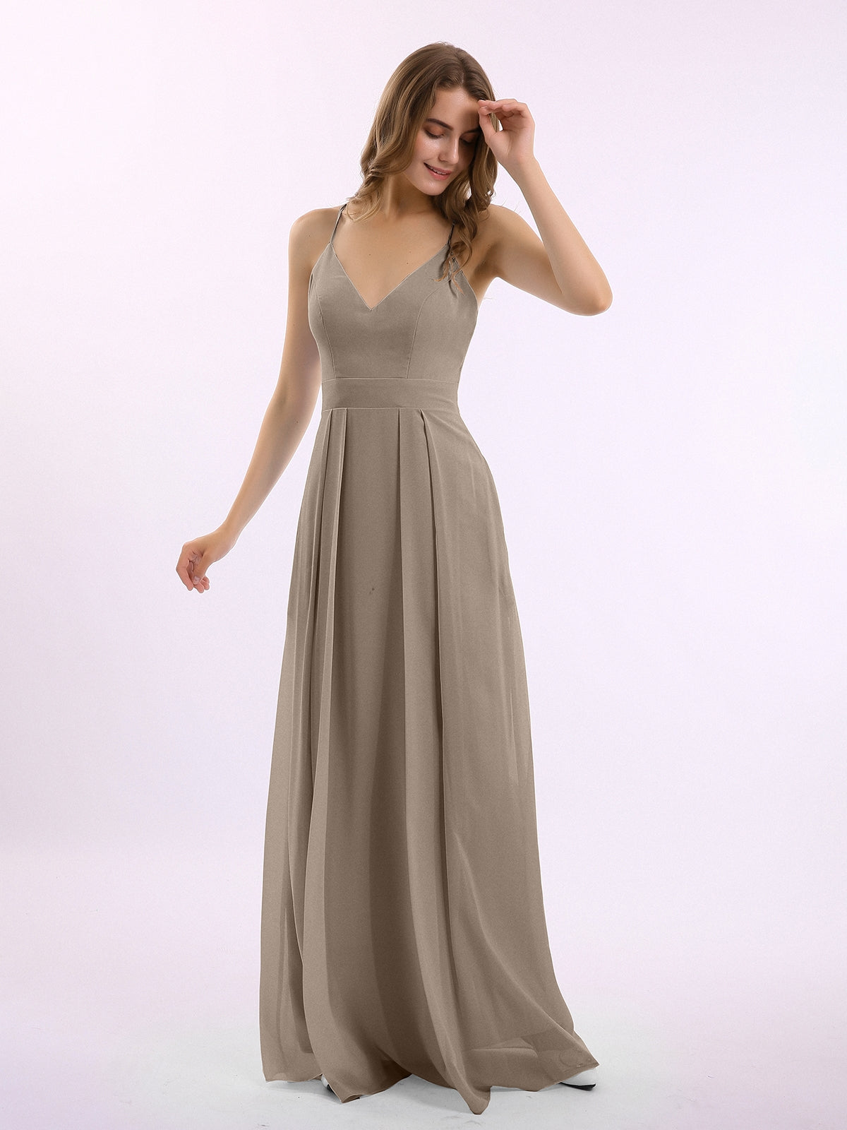 Spaghetti Strap V-neck Chiffon Gowns with Pocket-Taupe