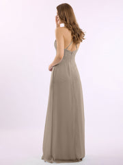Spaghetti Strap V-neck Chiffon Gowns with Pocket-Taupe