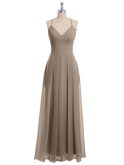Spaghetti Strap V-neck Chiffon Gowns with Pocket-Taupe