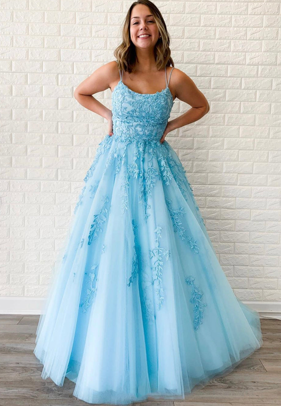 Blue Tulle Lace Long Prom Dresses, A-Line Formal Graduation Dresses