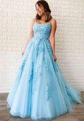 Blue Tulle Lace Long Prom Dresses, A-Line Formal Graduation Dresses