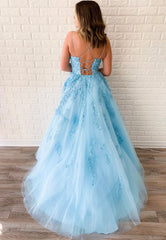 Blue Tulle Lace Long Prom Dresses, A-Line Formal Graduation Dresses