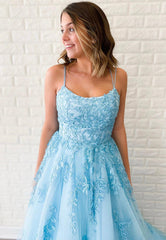 Blue Tulle Lace Long Prom Dresses, A-Line Formal Graduation Dresses