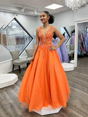 Orange V-Neck Lace Long Prom Dress, Beautiful Evening Party Dress