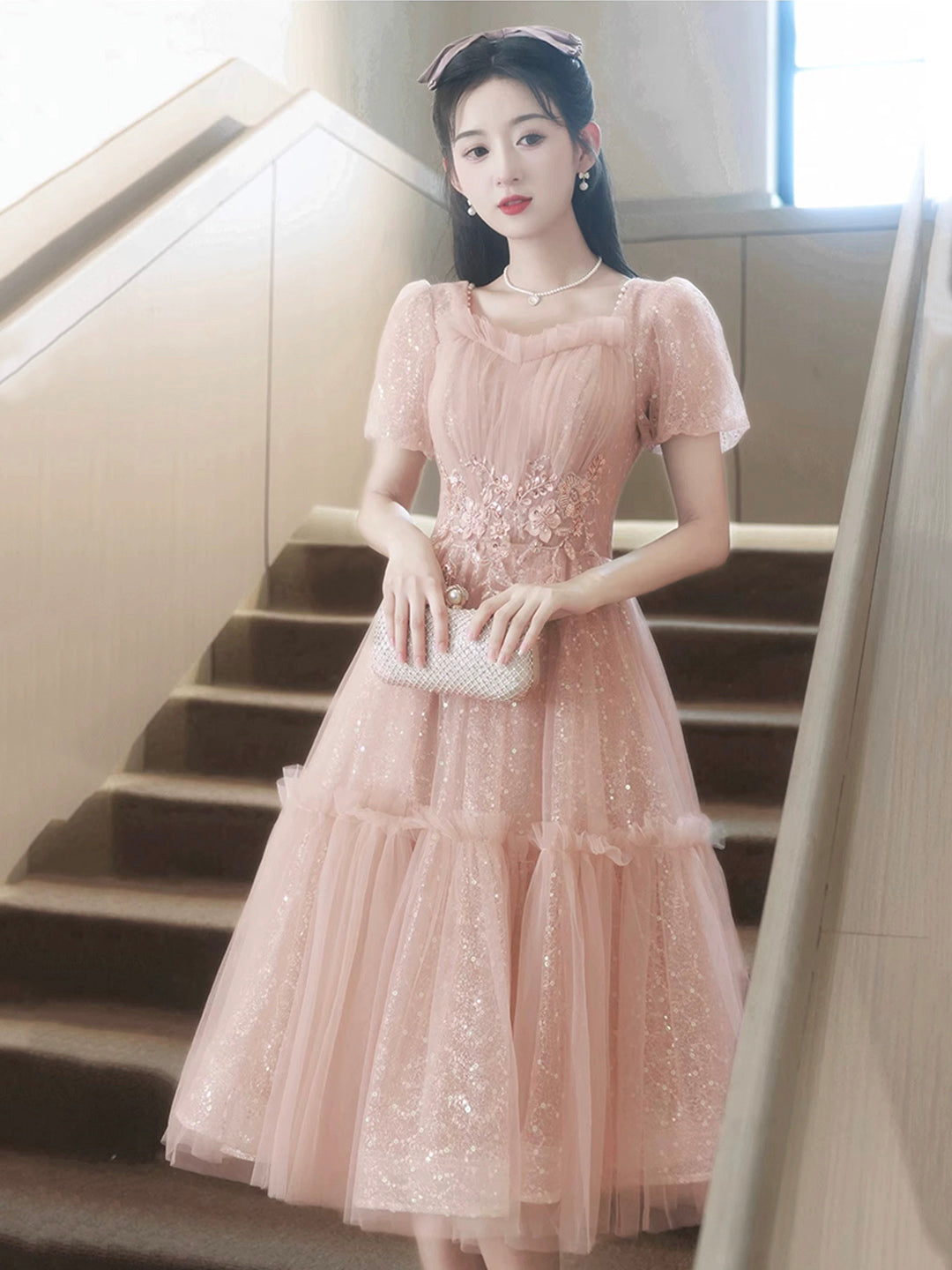 Pink Tulle Sequins Sweetheart Short Prom Dress, Pink Short Sleeve Party Dress
