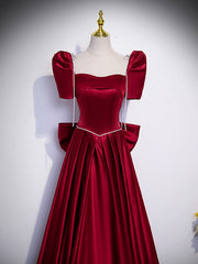 Beautiful Satin Floor Length Prom Dress with Bowknot, Burgundy Short Sleeve Evening Dress