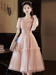 Pink Tulle Sequins Sweetheart Short Prom Dress, Pink Short Sleeve Party Dress
