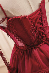Burgundy Lace Short A-line Prom Dress, Cute Spaghetti Strap Party Dress
