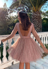 Pink Tulle Long Sleeve Short Prom Dresses, A-Line Party Dresses