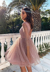 Pink Tulle Long Sleeve Short Prom Dresses, A-Line Party Dresses