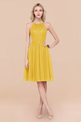 Lovely Floral Lace Halter Short Bridesmaid Dress