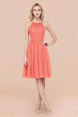 Lovely Floral Lace Halter Short Bridesmaid Dress