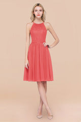 Lovely Floral Lace Halter Short Bridesmaid Dress