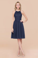 Lovely Floral Lace Halter Short Bridesmaid Dress