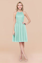 Lovely Floral Lace Halter Short Bridesmaid Dress