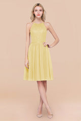 Lovely Floral Lace Halter Short Bridesmaid Dress