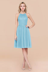 Lovely Floral Lace Halter Short Bridesmaid Dress