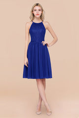 Lovely Floral Lace Halter Short Bridesmaid Dress