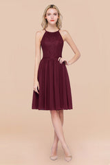 Lovely Floral Lace Halter Short Bridesmaid Dress