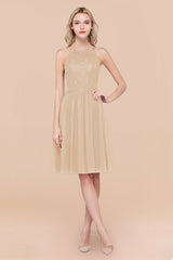 Lovely Floral Lace Halter Short Bridesmaid Dress