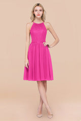 Lovely Floral Lace Halter Short Bridesmaid Dress
