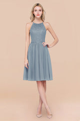 Lovely Floral Lace Halter Short Bridesmaid Dress