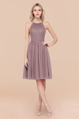 Lovely Floral Lace Halter Short Bridesmaid Dress