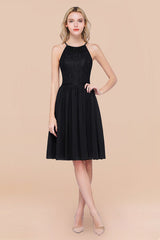 Lovely Floral Lace Halter Short Bridesmaid Dress