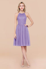 Lovely Floral Lace Halter Short Bridesmaid Dress