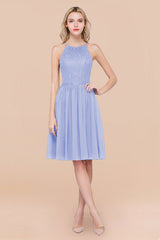 Lovely Floral Lace Halter Short Bridesmaid Dress