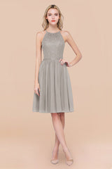 Lovely Floral Lace Halter Short Bridesmaid Dress
