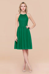 Lovely Floral Lace Halter Short Bridesmaid Dress
