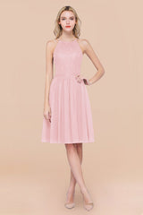 Lovely Floral Lace Halter Short Bridesmaid Dress